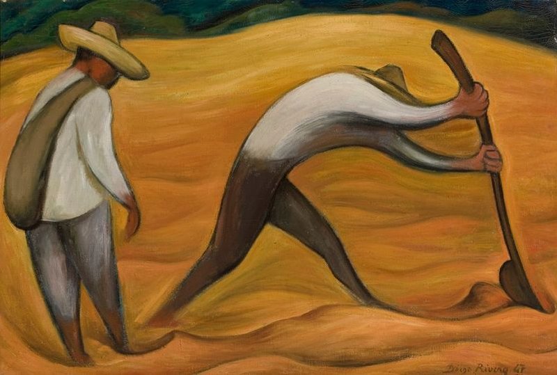 Pintura retratando dois trabalhadores rurais em um campo de tons ocre: um homem curvado lavra a terra com uma enxada, e outro observa de pé ao lado.